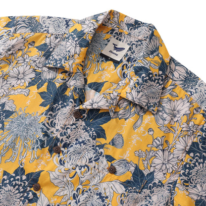 Yellow Hawaiian Shirt For Men Japanese Flower Shirt Camp Collar 100% Cotton Shirt By Yakima