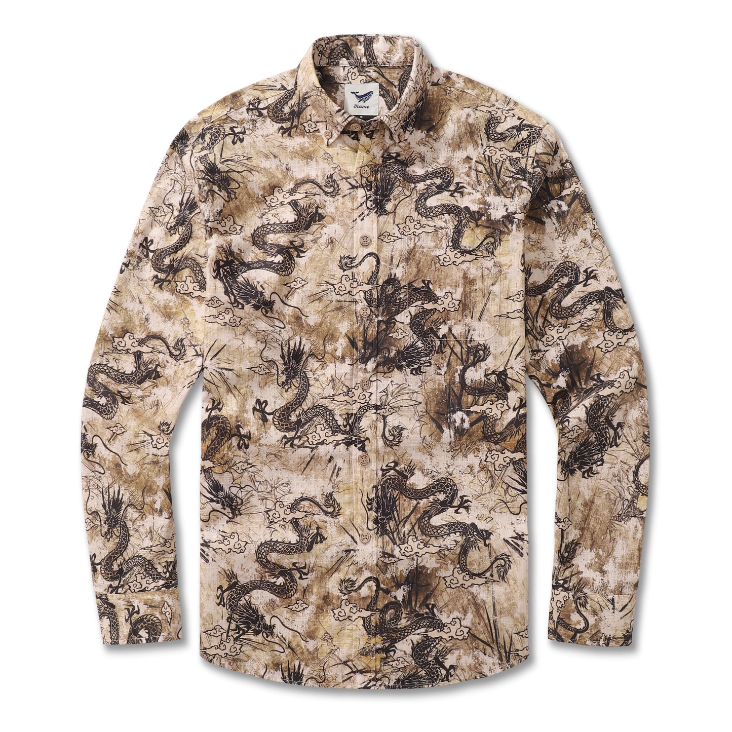 Long Sleeve Hawaiian Shirt For Men Dragon Totem Pattern Cotton Button-down Aloha Shirt By Sun