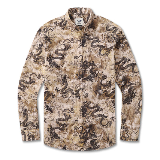 Long Sleeve Hawaiian Shirt For Men Dragon Totem Pattern Cotton Button-down Aloha Shirt By Sun