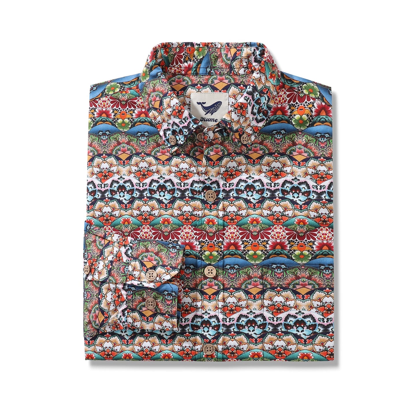 Men's Hawaiian Shirt Tropical Groove Cotton Button-down Long Sleeve Aloha Shirt By Amy