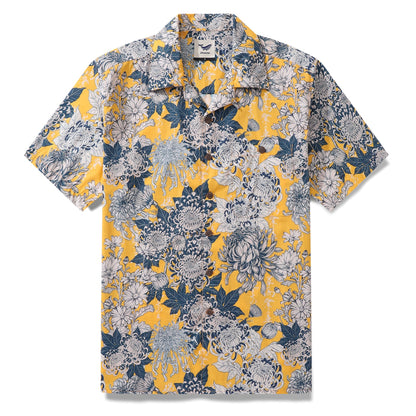 Yellow Hawaiian Shirt For Men Japanese Flower Shirt Camp Collar 100% Cotton Shirt By Yakima