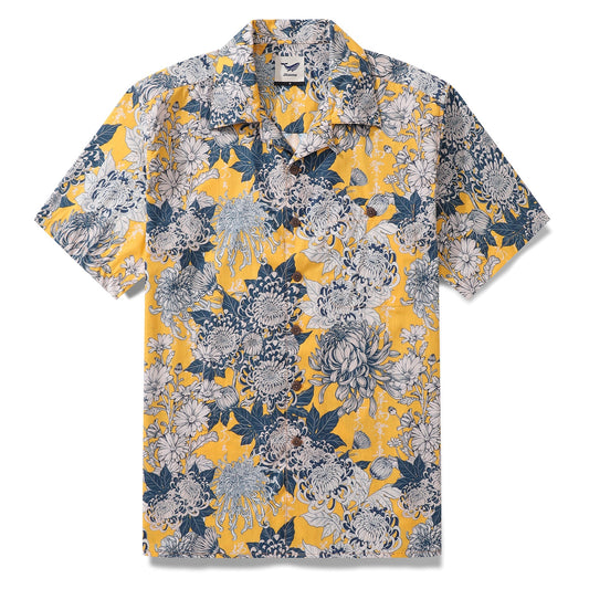 Yellow Hawaiian Shirt For Men Japanese Flower Shirt Camp Collar 100% Cotton Shirt By Yakima