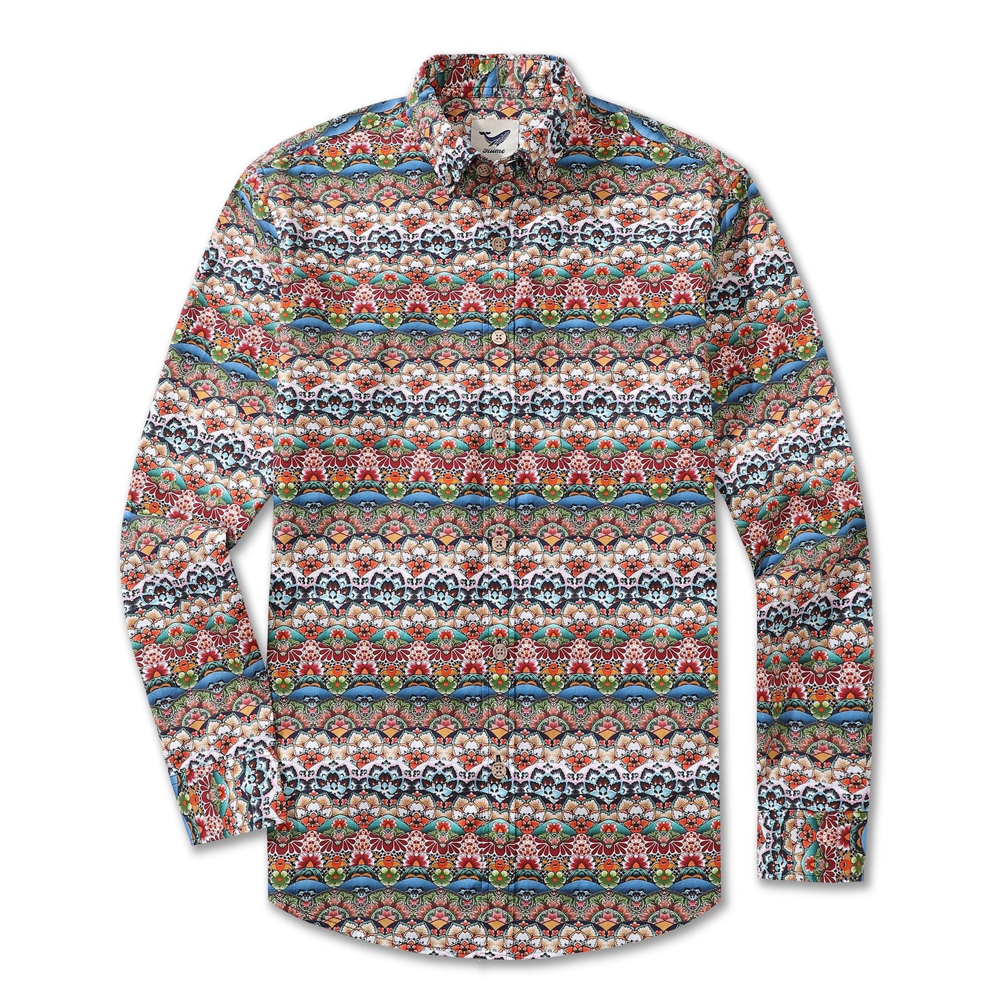 Men's Hawaiian Shirt Tropical Groove Cotton Button-down Long Sleeve Aloha Shirt By Amy