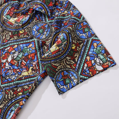 Hawaiian Shirt For Men Stained Glass Window Print Shirt Camp Collar 100% Cotton Shirt By Sherry