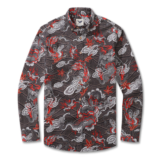 Long Sleeve Hawaiian Shirt For Men The Dragon's Flight Cotton Button-down Aloha Shirt By Sun