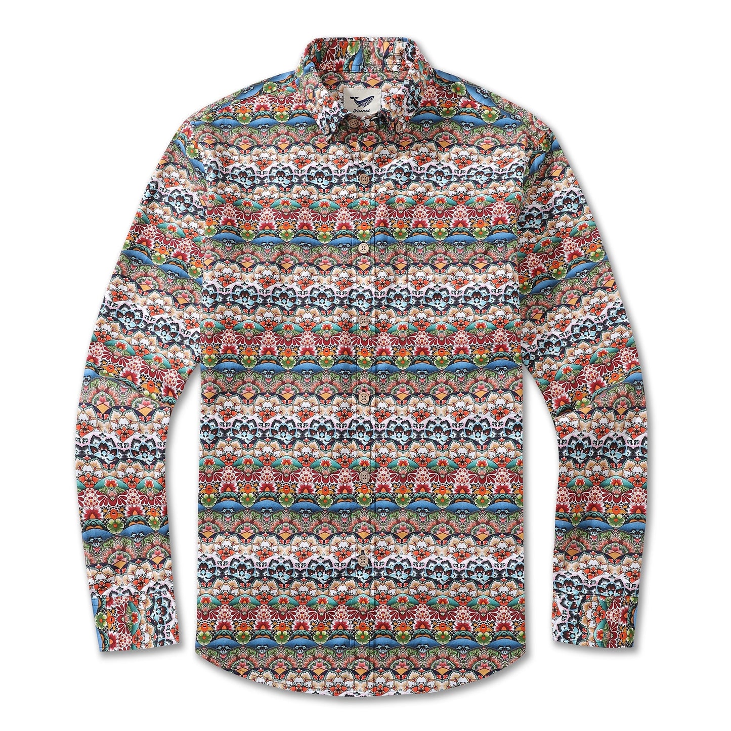 Men's Hawaiian Shirt Tropical Groove Cotton Button-down Long Sleeve Aloha Shirt By Amy