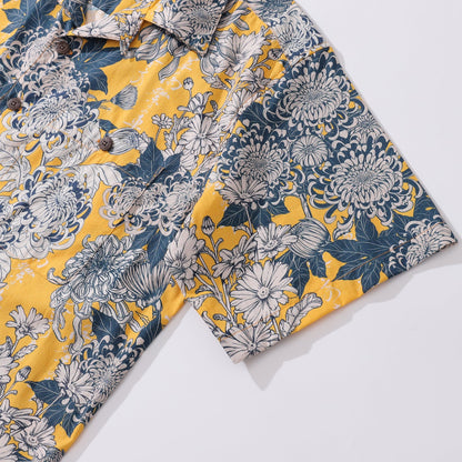 Yellow Hawaiian Shirt For Men Japanese Flower Shirt Camp Collar 100% Cotton Shirt By Yakima