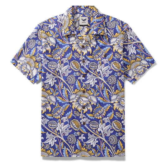 Hawaiian Shirt For Men Azure Garden Print Shirt Camp Collar 100% Cotton By Cigar