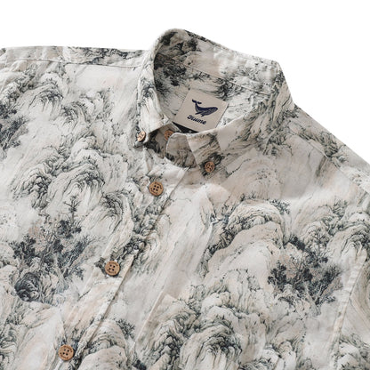 Men's Hawaiian Shirt Enchanting Mountain Landscape Cotton Button-down Long Sleeve Aloha Shirt By Amy