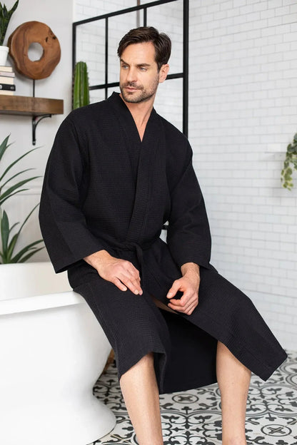 Waffle Spa Bathrobe for Men -  Absorbent, Lightweight Lotus Linen