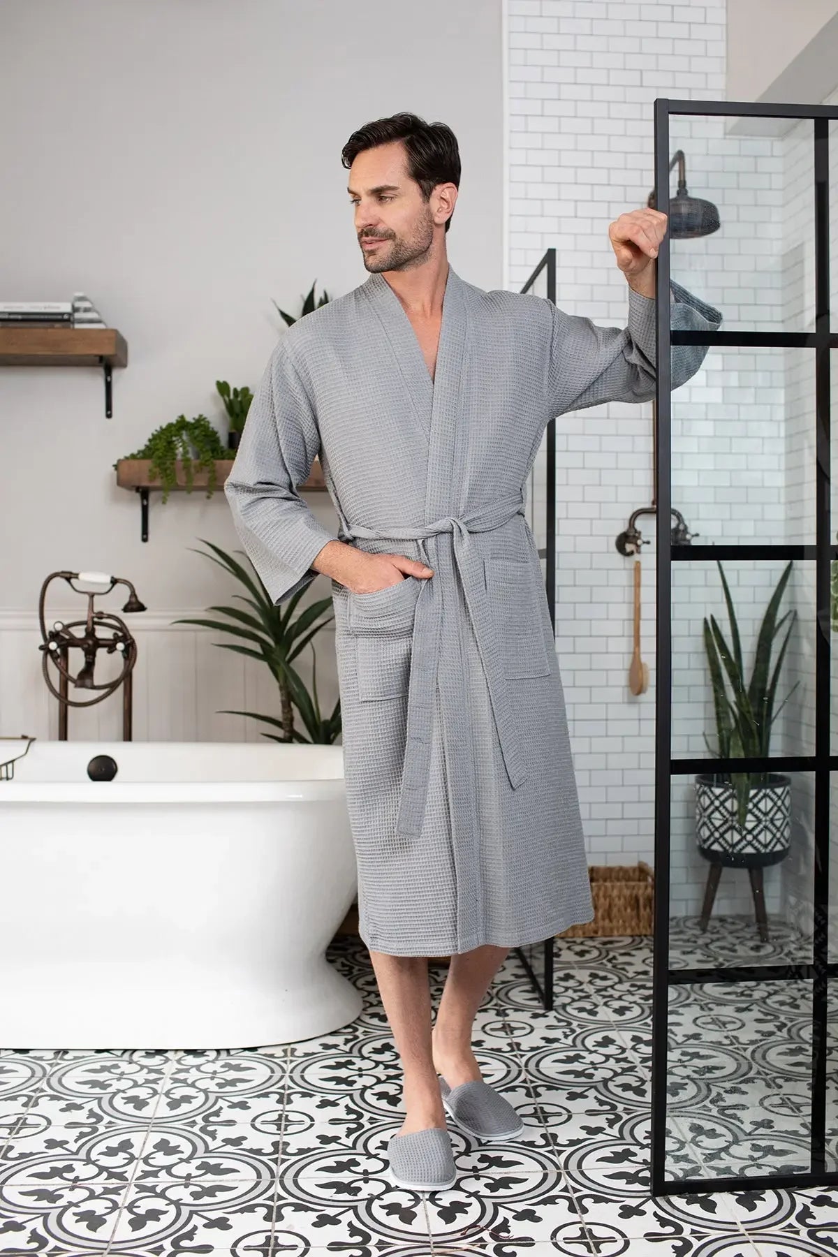 Waffle Spa Bathrobe for Men -  Absorbent, Lightweight Lotus Linen