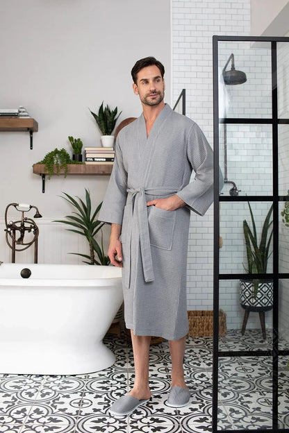 Waffle Spa Bathrobe for Men -  Absorbent, Lightweight Lotus Linen