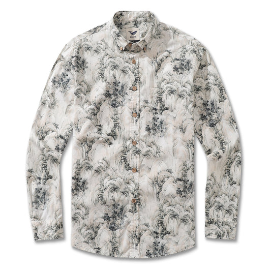 Men's Hawaiian Shirt Enchanting Mountain Landscape Cotton Button-down Long Sleeve Aloha Shirt By Amy