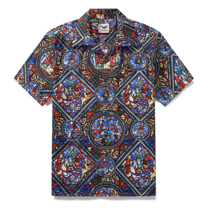 Hawaiian Shirt For Men Stained Glass Window Print Shirt Camp Collar 100% Cotton Shirt By Sherry