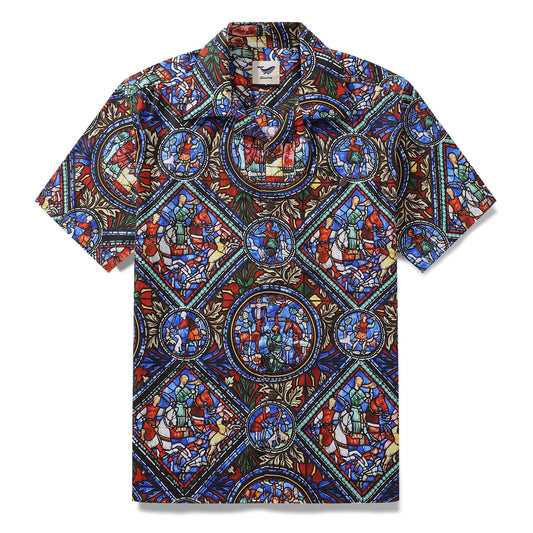 Hawaiian Shirt For Men Stained Glass Window Print Shirt Camp Collar 100% Cotton Shirt By Sherry