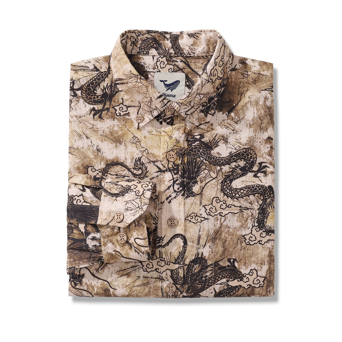 Long Sleeve Hawaiian Shirt For Men Dragon Totem Pattern Cotton Button-down Aloha Shirt By Sun