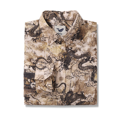 Long Sleeve Hawaiian Shirt For Men Dragon Totem Pattern Cotton Button-down Aloha Shirt By Sun