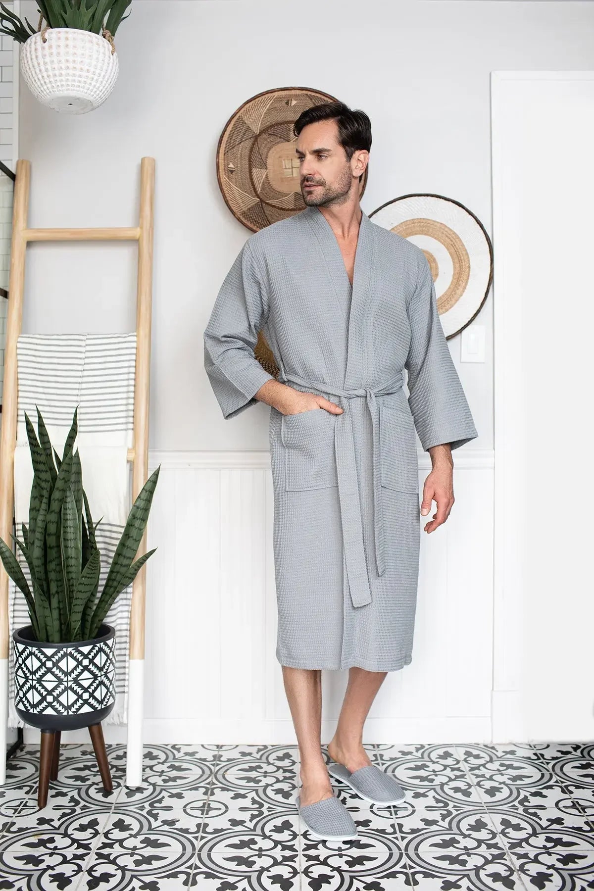 Waffle Spa Bathrobe for Men -  Absorbent, Lightweight Lotus Linen