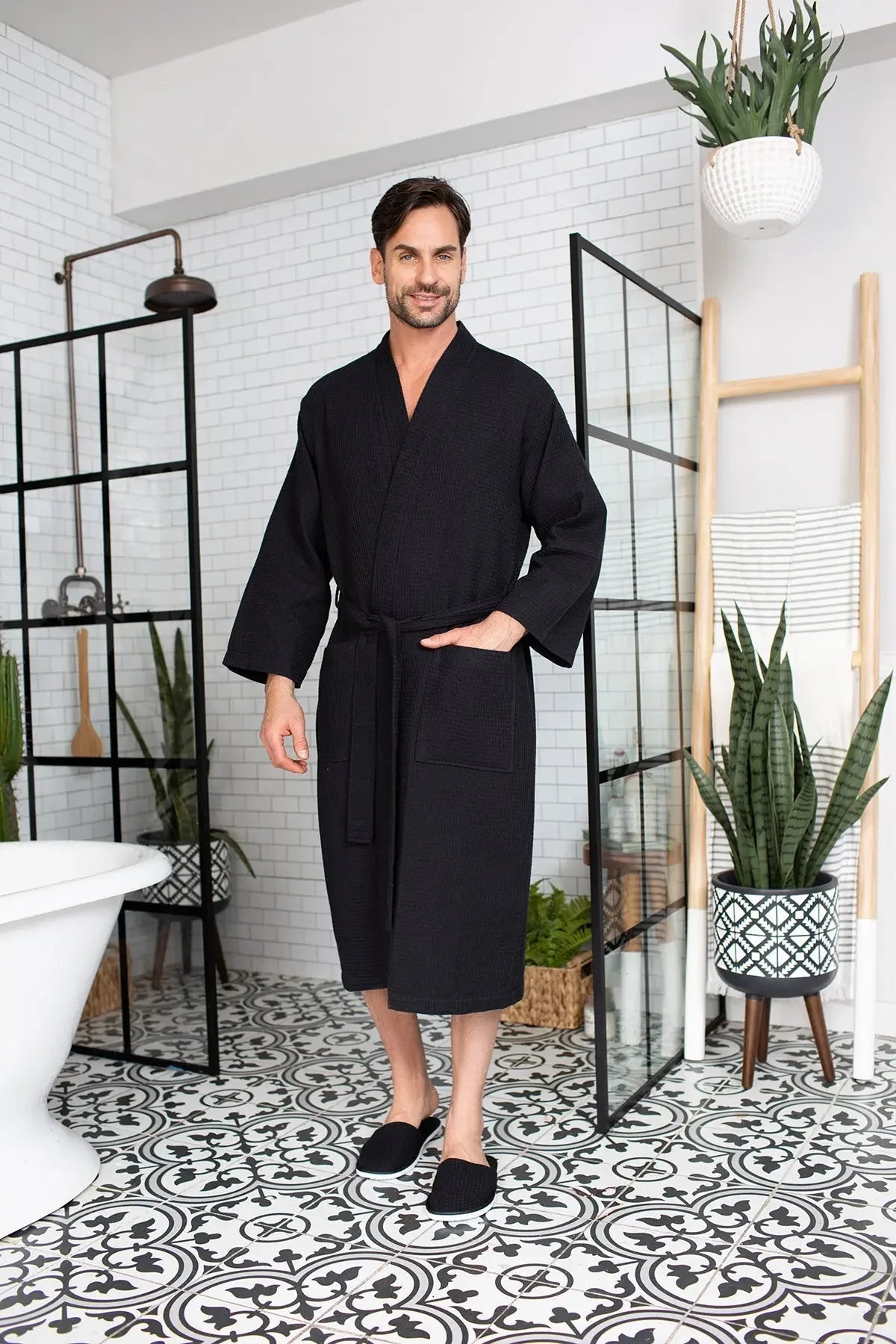 Waffle Spa Bathrobe for Men -  Absorbent, Lightweight Lotus Linen