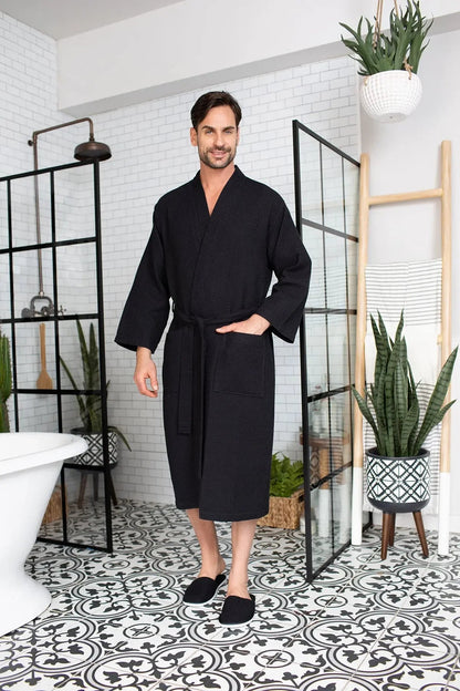 Waffle Spa Bathrobe for Men -  Absorbent, Lightweight Lotus Linen