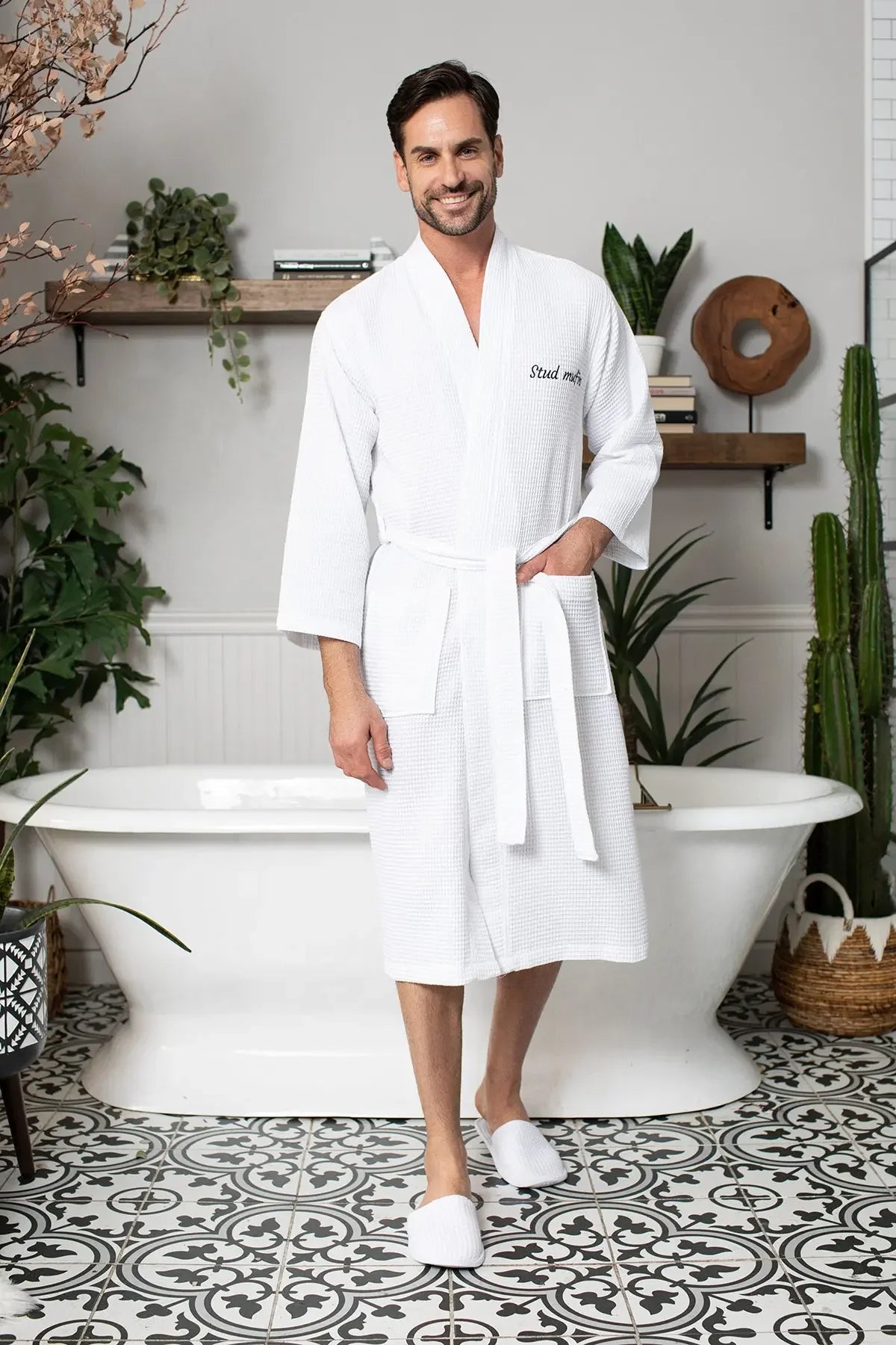Waffle Spa Bathrobe for Men -  Absorbent, Lightweight Lotus Linen