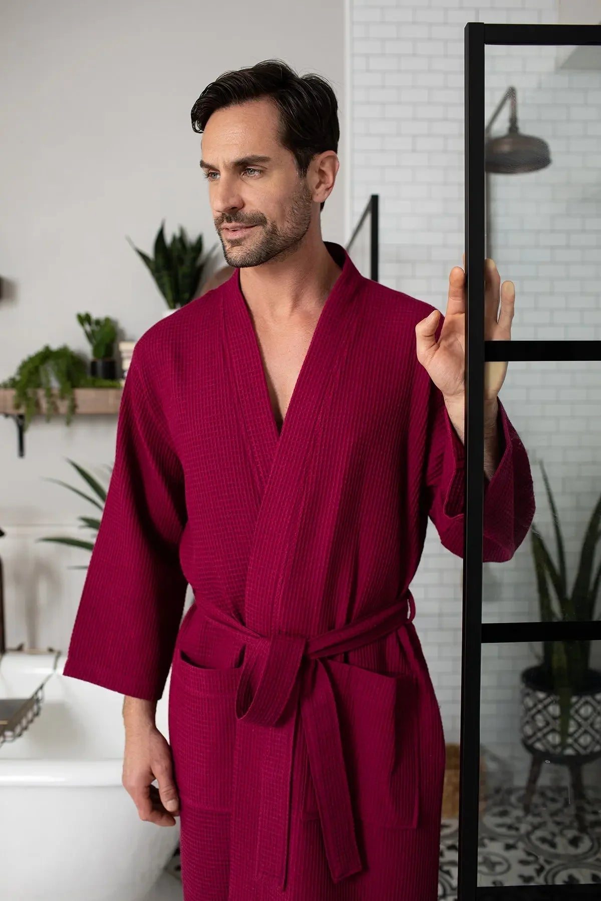 Waffle Spa Bathrobe for Men -  Absorbent, Lightweight Lotus Linen