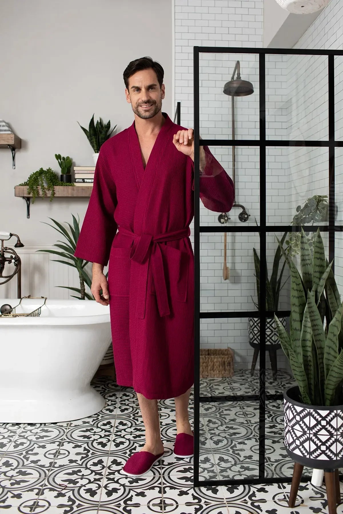 Waffle Spa Bathrobe for Men -  Absorbent, Lightweight Lotus Linen