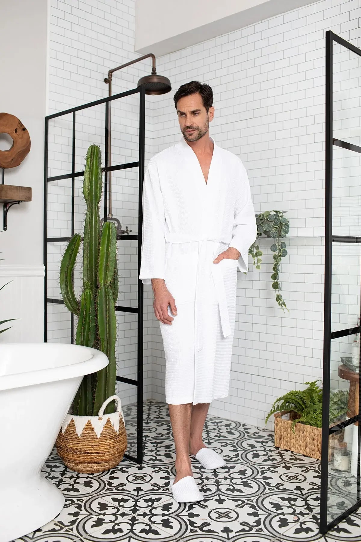 Waffle Spa Bathrobe for Men -  Absorbent, Lightweight Lotus Linen
