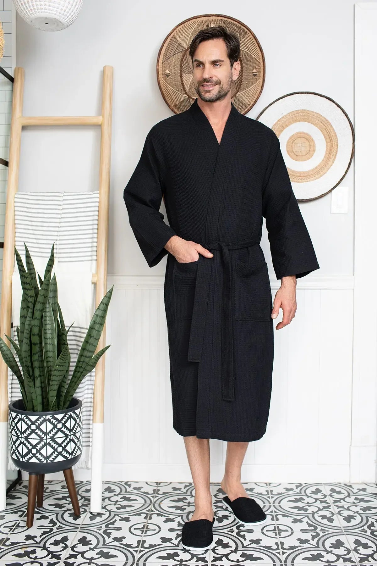 Waffle Spa Bathrobe for Men -  Absorbent, Lightweight Lotus Linen