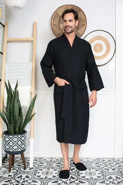Waffle Spa Bathrobe for Men -  Absorbent, Lightweight Lotus Linen