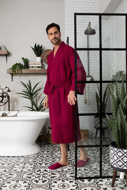Waffle Spa Bathrobe for Men -  Absorbent, Lightweight Lotus Linen