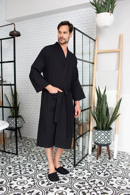 Waffle Spa Bathrobe for Men -  Absorbent, Lightweight Lotus Linen