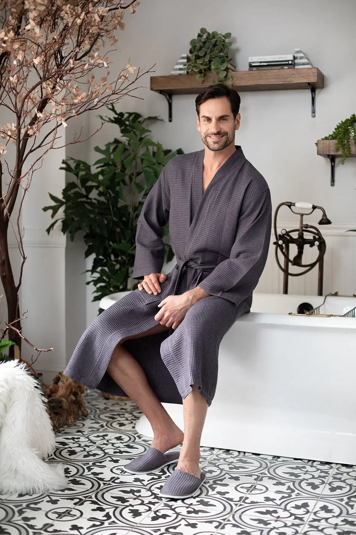 Waffle Spa Bathrobe for Men -  Absorbent, Lightweight Lotus Linen