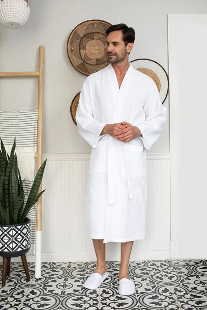 Waffle Spa Bathrobe for Men -  Absorbent, Lightweight Lotus Linen
